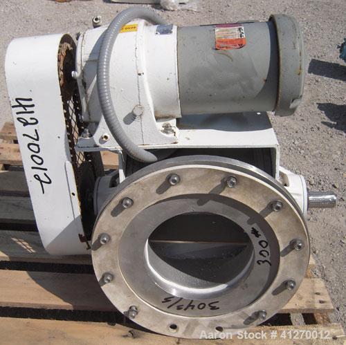 Used Kice Heavy Duty Rotary Airlock, Model VBDS10X8, 304 stainless steel. Approximate 10’’ diameter x 8" wide closed vane rotor, approximately .33 cubic feet per revolution. Driven by a 3/4 hp, 3/60/...
