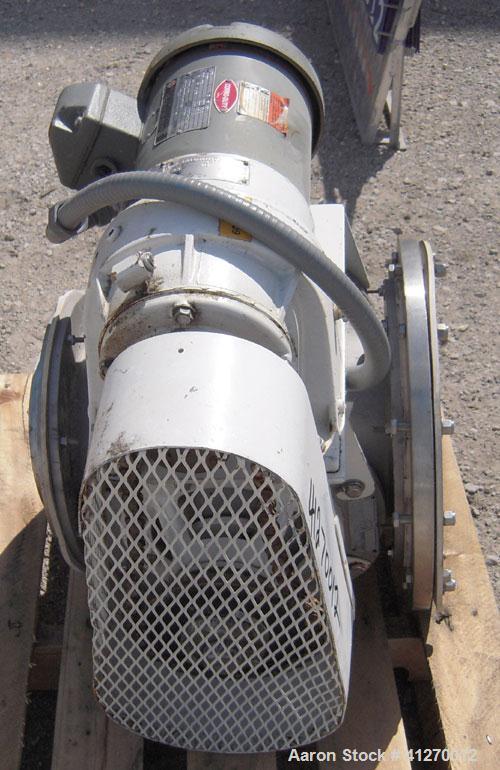 Used Kice Heavy Duty Rotary Airlock, Model VBDS10X8, 304 stainless steel. Approximate 10’’ diameter x 8" wide closed vane rotor, approximately .33 cubic feet per revolution. Driven by a 3/4 hp, 3/60/...