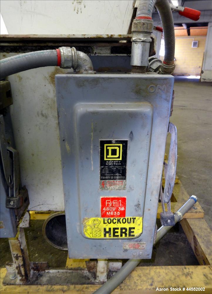 Used Kice finish product transfer system airlock, model VPOT18X15X15, carbon steel. Approximately 1.93 cubic feet per revolution. Driven by a 1 hp gear motor, 29 to 1 ratio. Serial# 13175927737