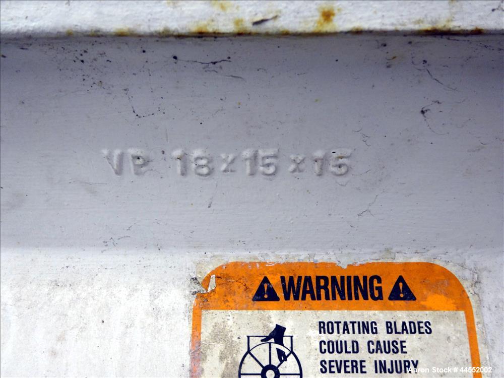 Used Kice finish product transfer system airlock, model VPOT18X15X15, carbon steel. Approximately 1.93 cubic feet per revolution. Driven by a 1 hp gear motor, 29 to 1 ratio. Serial# 13175927737
