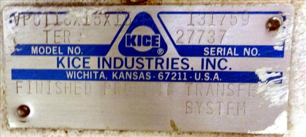 Used Kice finish product transfer system airlock, model VPOT18X15X15, carbon steel. Approximately 1.93 cubic feet per revolution. Driven by a 1 hp gear motor, 29 to 1 ratio. Serial# 13175927737