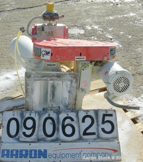 USED: Mac multi duty rotary air lock, model M50103, carbon steel. 10"diameter x 10" wide. Approximate 8 vane closed rotor. (.41) cubic feet dispersed per revolution. Driven by a 3/4 hp, 3/60/208-230/...