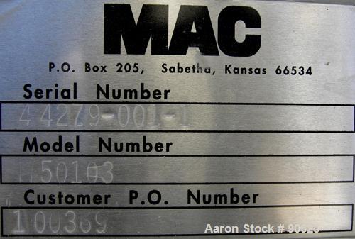 USED: Mac multi duty rotary air lock, model M50103, carbon steel. 10"diameter x 10" wide. Approximate 8 vane closed rotor. (.41) cubic feet dispersed per revolution. Driven by a 3/4 hp, 3/60/208-230/...