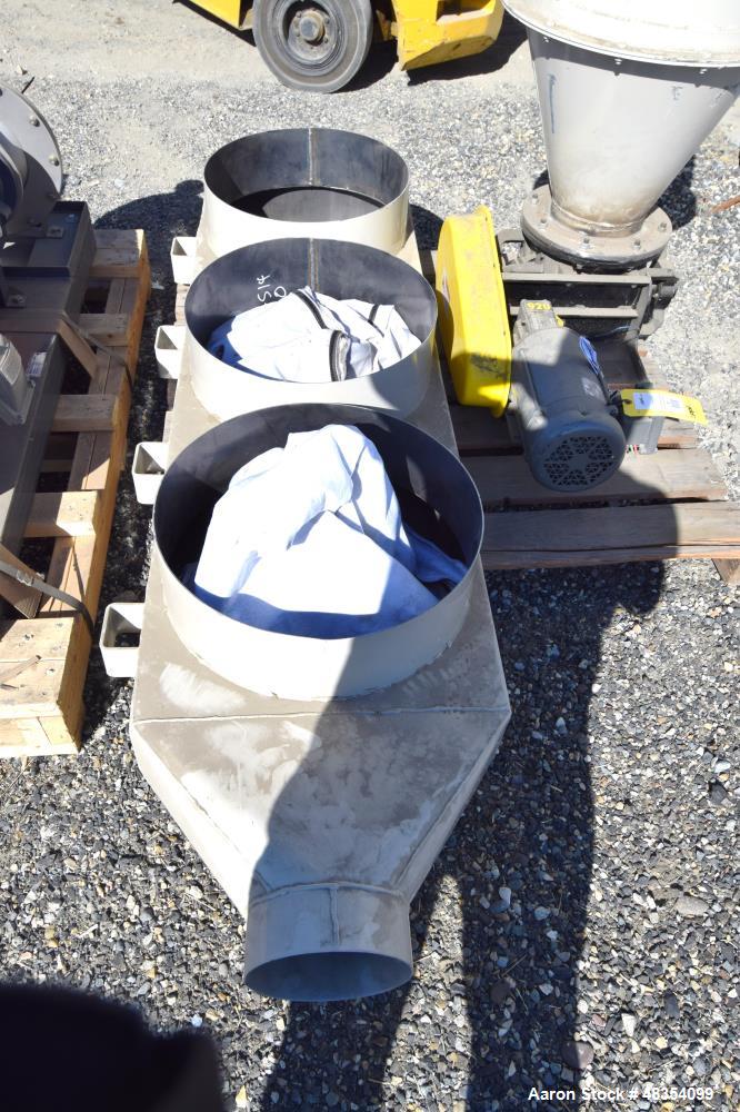 Used Wm. Meyer rotary valve approximate 8x8, driven by a 0.75hp XP gear motor. Includes a cyclone and sock dust filter.