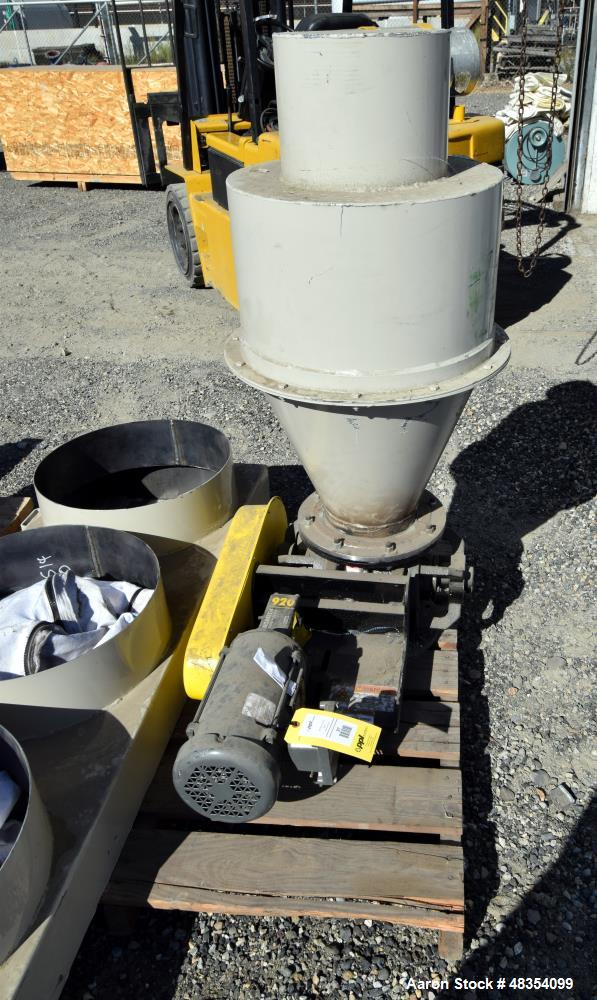Used Wm. Meyer rotary valve approximate 8x8, driven by a 0.75hp XP gear motor. Includes a cyclone and sock dust filter.