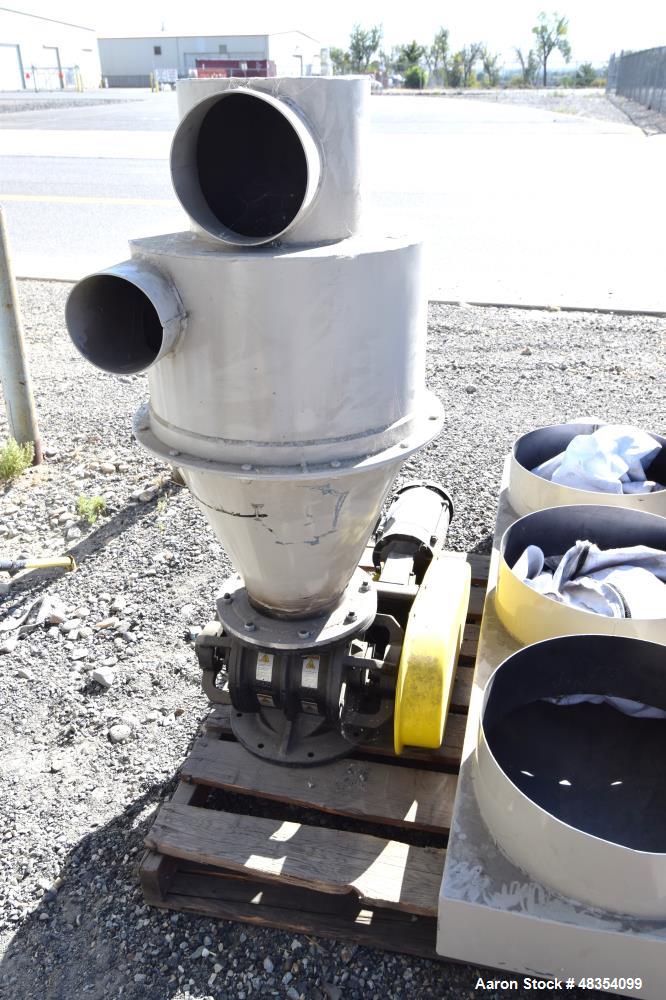 Used Wm. Meyer rotary valve approximate 8x8, driven by a 0.75hp XP gear motor. Includes a cyclone and sock dust filter.
