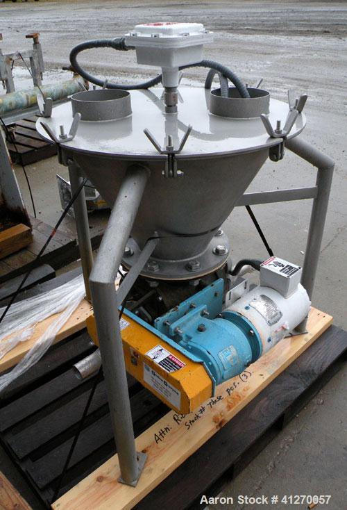 Used Carolina Conveying Heavy Duty Blow Thru Rotary Airlock, model Size 8, 317 stainless steel. Approximately 8" diameter x 8" wide 8 vane open end rotor, .190 cubic feet per revolution, approximatel...