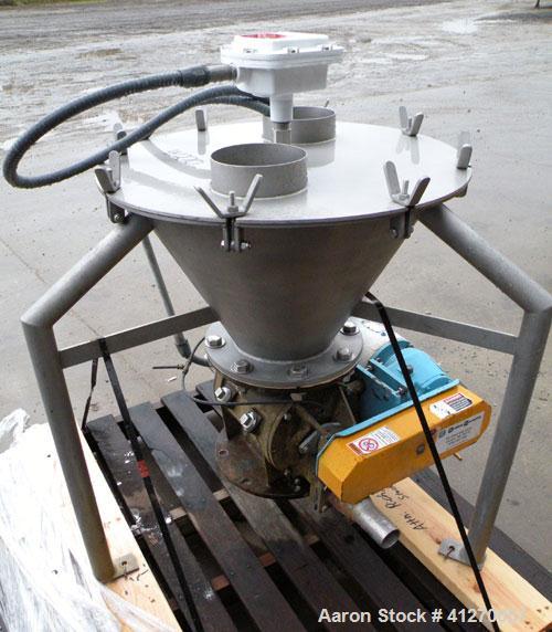 Used Carolina Conveying Heavy Duty Blow Thru Rotary Airlock, model Size 8, 317 stainless steel. Approximately 8" diameter x 8" wide 8 vane open end rotor, .190 cubic feet per revolution, approximatel...