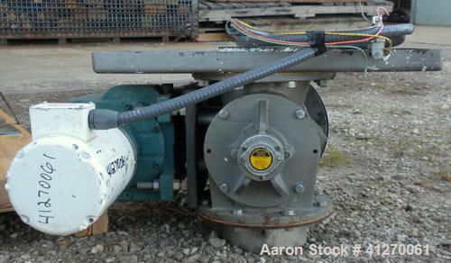 Used Sunco Powder Systems Rotary Airlock, carbon steel. Approximately 8" diameter x 8" wide open vane rotor. 8" inlet/outlet. Driven by a 3/4 hp, 3/60/208-230/460 volt, 1725 rpm gearmotor, ratio 23.5...