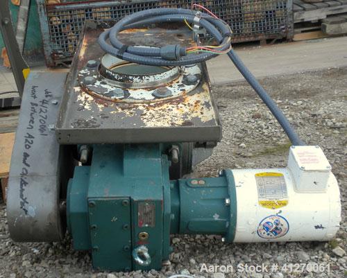 Used Sunco Powder Systems Rotary Airlock, carbon steel. Approximately 8" diameter x 8" wide open vane rotor. 8" inlet/outlet. Driven by a 3/4 hp, 3/60/208-230/460 volt, 1725 rpm gearmotor, ratio 23.5...