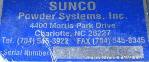 Used Sunco Powder Systems Rotary Airlock, carbon steel. Approximately 8" diameter x 8" wide open vane rotor. 8" inlet/outlet. Driven by a 3/4 hp, 3/60/208-230/460 volt, 1725 rpm gearmotor, ratio 23.5...