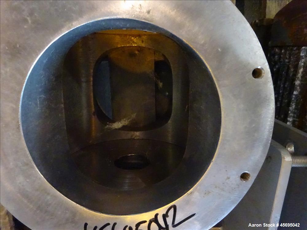 Used Nu-Con Equipment Rotary Valve, Model DT375DEMU, Stainless Steel. Approximate 0.176 Cubic feet per revolution. 7-1/2" Diameter x 7-1/2" wide 8 blade open vane rotor. Top feed, bottom discharge. D...
