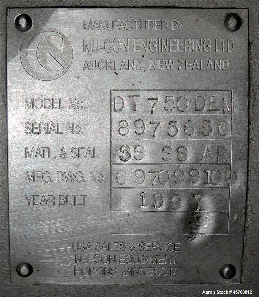 Used Nu-Con Engineering Stainless Steel Rotary Valve, Model  DT750DEM, S/N: 8975656. Includes USDA sanitary non-stick rotor, built: 1997.