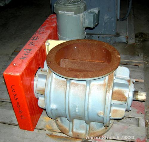 USED:Premier Pneumatics maximum duty rotary air lock, model MDRFS1110Carbon steel, 10" diameter x 10" wide, approx 10 van open rotor. .44cu ft dispersed per revolution. Driven by a 3/4 hp, 3/60/208-2...