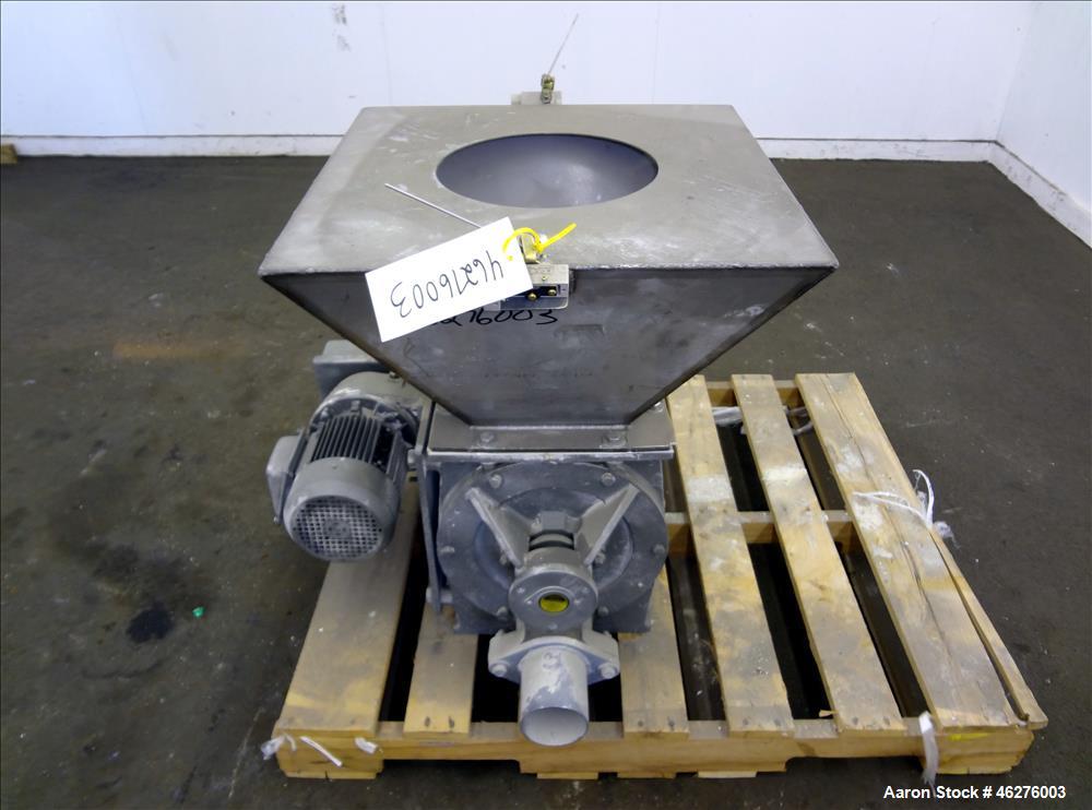 Used Rotolok Blowing Seal Rotary Valve, Model 28BSRCS08B, 316 Stainless Steel. Approximately 12" diameter x 12" wide open vane rotor. Approximate capacity 405 cubic feet per hour at 14 rpm. Driven by...