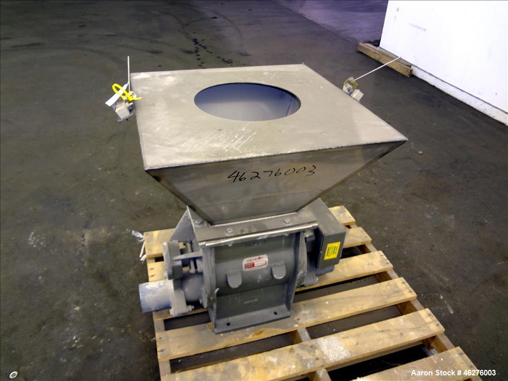 Used Rotolok Blowing Seal Rotary Valve, Model 28BSRCS08B, 316 Stainless Steel. Approximately 12" diameter x 12" wide open vane rotor. Approximate capacity 405 cubic feet per hour at 14 rpm. Driven by...