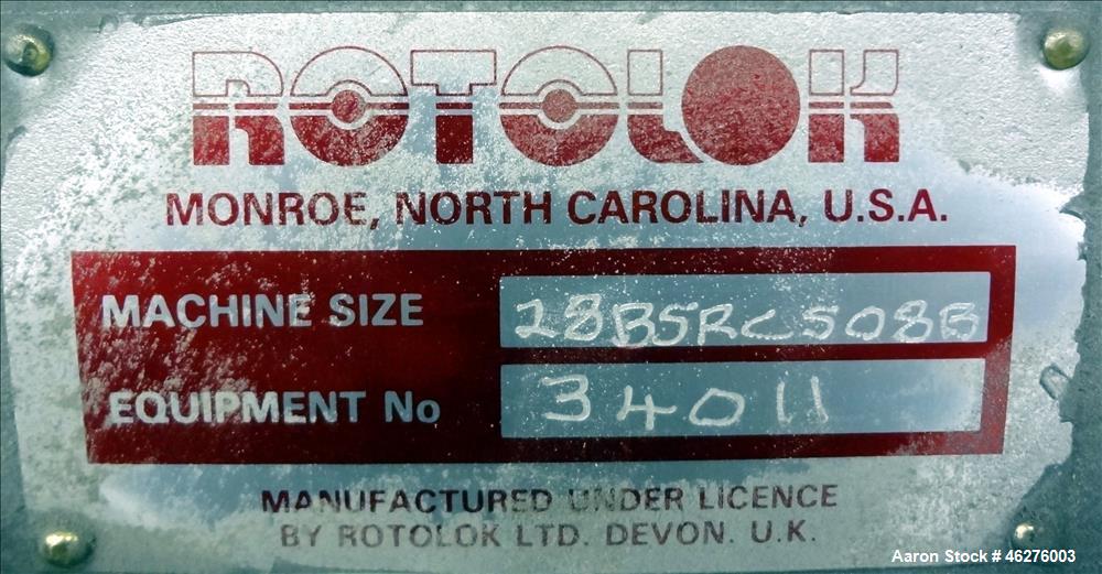Used Rotolok Blowing Seal Rotary Valve, Model 28BSRCS08B, 316 Stainless Steel. Approximately 12" diameter x 12" wide open vane rotor. Approximate capacity 405 cubic feet per hour at 14 rpm. Driven by...