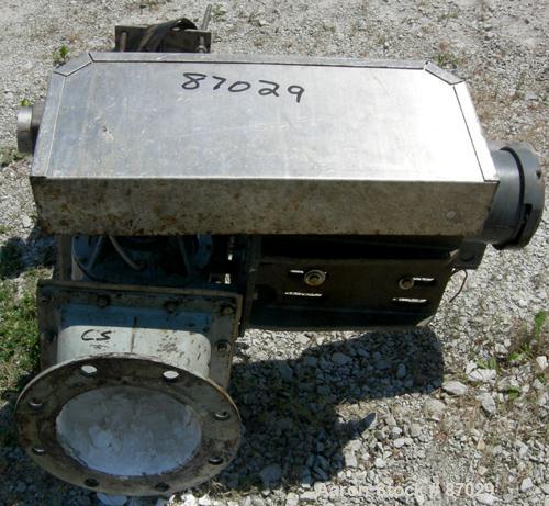 Used Semco Rotary Valve, Model OBRV-02, Cast Iron Housing. Approximate 8" x 10" carbon steel open rotor, approximately 2.4 cubic feet per minute. Driven by a 1 hp, 3/60/230/460 volt, 1750 rpm gear mo...