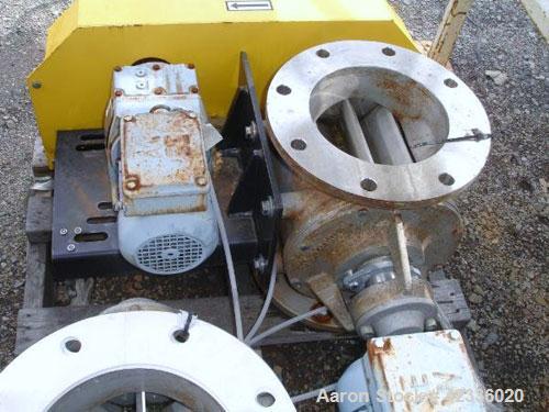 Used Semco 8" Rotary Airlock, Model RV-308, Stainless Steel. 8" Diameter inlet/outlet flange, 15" overall height with (.5) hp, 330/575 volt motor with carbon steel hopper.