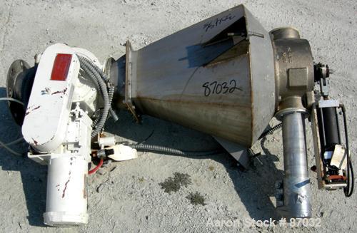 Used Shick Rotary Valve, Model T225-2A, Cast Iron Housing. Approximate 8" x 8", 347 stainless steel, open rotor. Driven by a 3/4 hp, 3/60/208-230/460 volt, 1140 rpm gear motor. Includes a 304 stainle...