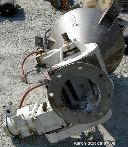 Used Shick Rotary Valve, Model T225-2A, Cast Iron Housing. Approximate 8" x 8", 347 stainless steel, open rotor. Driven by a 3/4 hp, 3/60/208-230/460 volt, 1150 rpm gear motor. Includes a 304 stainle...