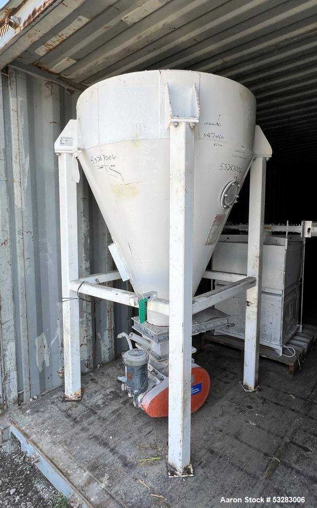 Used Best Engineering Hopper with Rotary Airlock Feeder. Smoot Co KC KS rotary airlock feeder driven by 1hp, 3/60/208-230/460 volt, 1750rpm motor. Hopper 53-1/2" diameter x 14-1/2" straight side x 55...