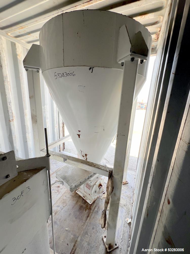 Used Best Engineering Hopper with Rotary Airlock Feeder. Smoot Co KC KS rotary airlock feeder driven by 1hp, 3/60/208-230/460 volt, 1750rpm motor. Hopper 53-1/2" diameter x 14-1/2" straight side x 55...