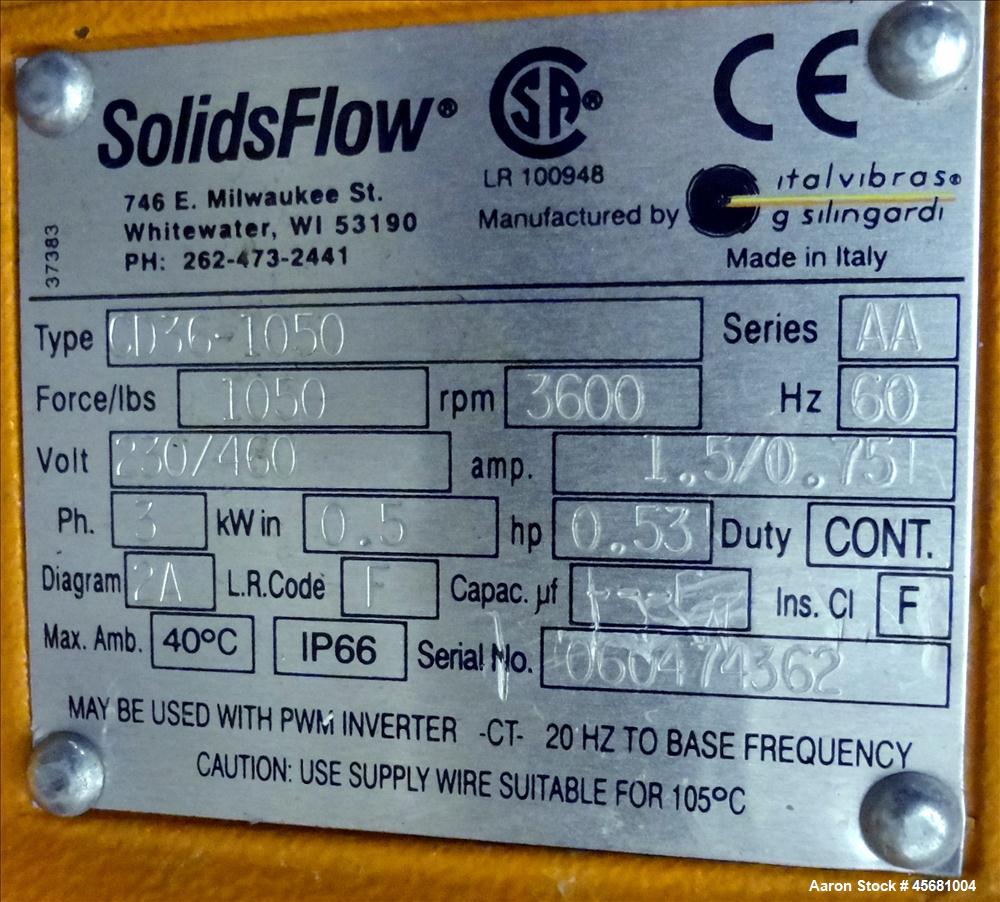 Used Schenck AccuRate SolidsFlow Vibratory Feeder, Model MODSF2-1G-24, 316 Stainless Steel. 24" Diameter feed tray, driven by a SolidsFLow 0.53hp, 3/60/230/460 volt, 3600 rpm motor. Includes a Schenc...