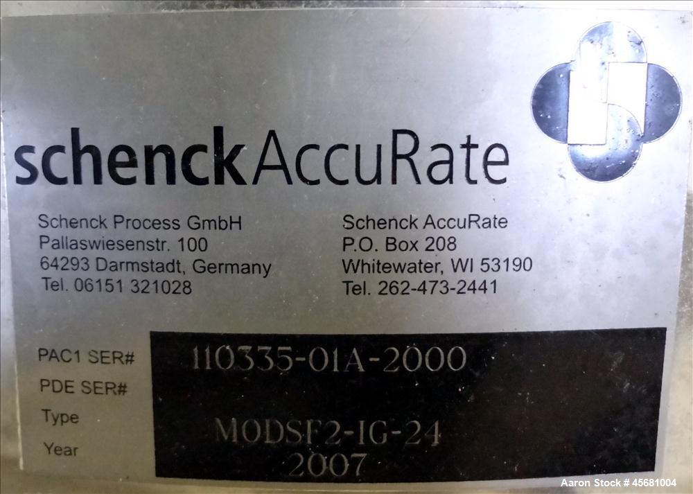 Used Schenck AccuRate SolidsFlow Vibratory Feeder, Model MODSF2-1G-24, 316 Stainless Steel. 24" Diameter feed tray, driven by a SolidsFLow 0.53hp, 3/60/230/460 volt, 3600 rpm motor. Includes a Schenc...