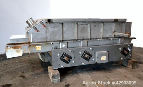 Used Eriez Low-Profile Mechanical Vibratory Feeder, Model HVF 5610, Style 9919823, 316 Stainless Steel. 56 Wide x 120 long x approximate 8 deep pan. Includes 26 tall 304 stainless steel side extensio...