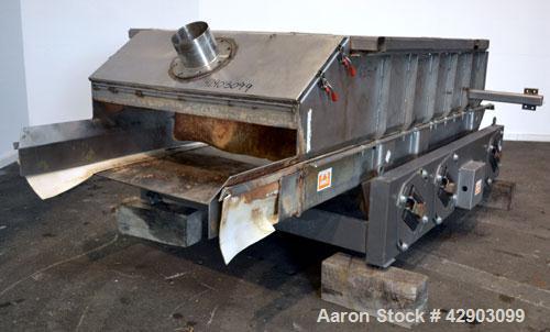 Used Eriez Low-Profile Mechanical Vibratory Feeder, Model HVF 5610, Style 9919823, 316 Stainless Steel. 56 Wide x 120 long x approximate 8 deep pan. Includes 26 tall 304 stainless steel side extensio...