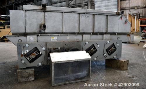 Used Eriez Low-Profile Mechanical Vibratory Feeder, Model HVF 5610, Style 9919823, 316 Stainless Steel. 56 Wide x 120 long x approximate 8 deep pan. Includes 26 tall 304 stainless steel side extensio...
