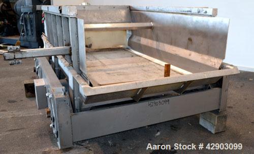 Used Eriez Low-Profile Mechanical Vibratory Feeder, Model HVF 5610, Style 9919823, 316 Stainless Steel. 56 Wide x 120 long x approximate 8 deep pan. Includes 26 tall 304 stainless steel side extensio...