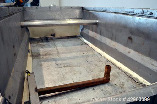 Used Eriez Low-Profile Mechanical Vibratory Feeder, Model HVF 5610, Style 9919823, 316 Stainless Steel. 56 Wide x 120 long x approximate 8 deep pan. Includes 26 tall 304 stainless steel side extensio...