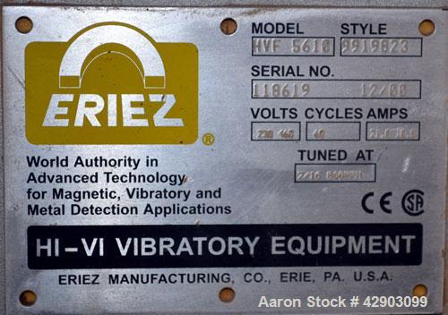 Used Eriez Low-Profile Mechanical Vibratory Feeder, Model HVF 5610, Style 9919823, 316 Stainless Steel. 56 Wide x 120 long x approximate 8 deep pan. Includes 26 tall 304 stainless steel side extensio...