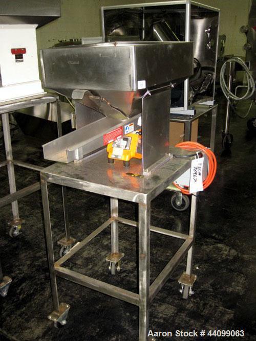 Used Eriez Vibrating Feeder, Model N12-FT-115, Style 26. 4" Wide chute, 15"W x 20"L  hopper, on stainless steel stand serial # 5586-20