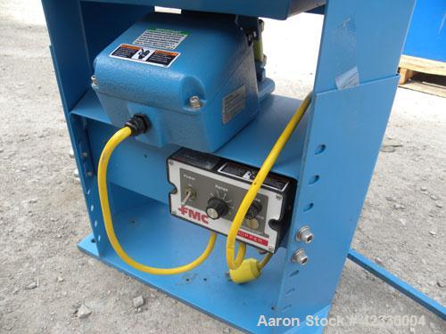Used FMC Magnetic Vibratory Feeder, model F-010B, carbon steel. Approximately 10’’ wide x 20’’ long pan, 60 hz/115 volt. Includes an FMC controller and a B21911 supply hopper. Mounted on an adjustabl...