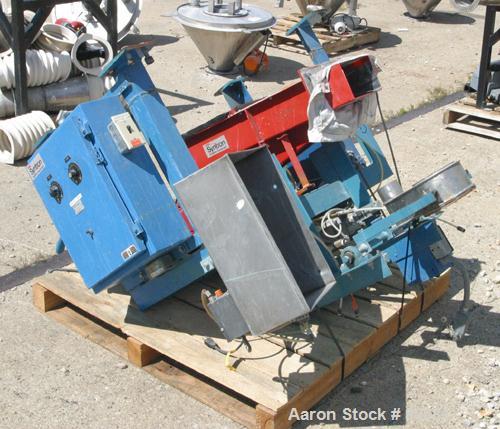 USED: FMC Syntron electromagnetic vibrating feeder, model F212B, 430 stainless steel clad. 8" wide x 30" long x 4" deep trough. Top inlet end outlet. 60/460 volt. Includes controller panel.