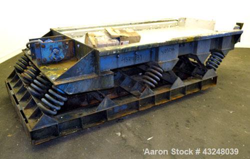 Used Kinergy Vibratory Feeder, 304 Stainless Steel. Single deck, 2 separation Approximate 48" wide x 96" long deck with approximate 3/8" diameter screen holes. End discharge with chute. Driven by a 1...