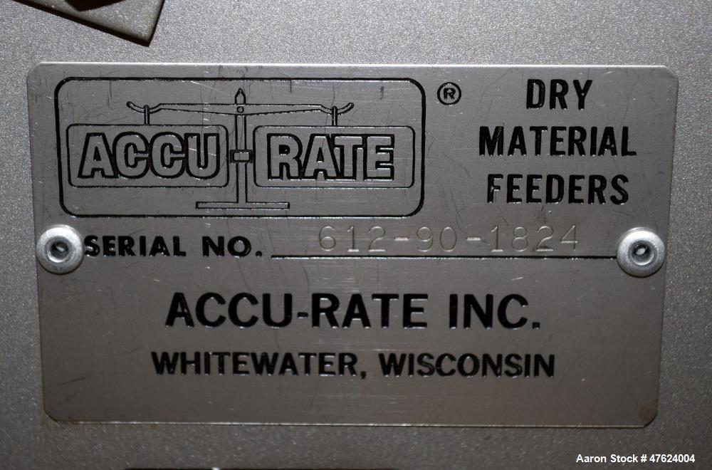 Used Accu-Rate 600 Series Dry Material Feeder, Model 612, 304 Stainless Steel. Approximately 1-7/8" diameter helix, vinyl mass flow hopper with dual paddle agitation, 304 stainless steel hopper exten...
