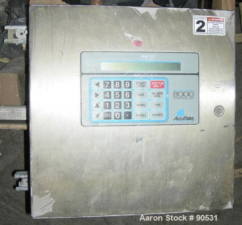 USED: Accurate Volumetric Dry Material Feeder. Approximate 3" diameter x 45" long stainless steel screw. Approximate feed rate to 300 cubic feet an hour. Vinyl hopper, capacity 2.65 cubic feet. Drive...