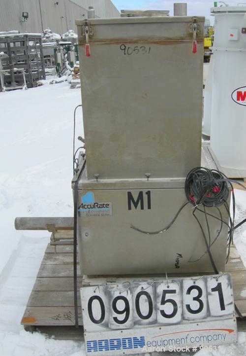 USED: Accurate Volumetric Dry Material Feeder. Approximate 3" diameter x 45" long stainless steel screw. Approximate feed rate to 300 cubic feet an hour. Vinyl hopper, capacity 2.65 cubic feet. Drive...