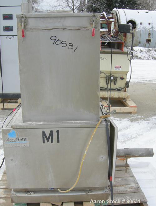 USED: Accurate Volumetric Dry Material Feeder. Approximate 3" diameter x 45" long stainless steel screw. Approximate feed rate to 300 cubic feet an hour. Vinyl hopper, capacity 2.65 cubic feet. Drive...