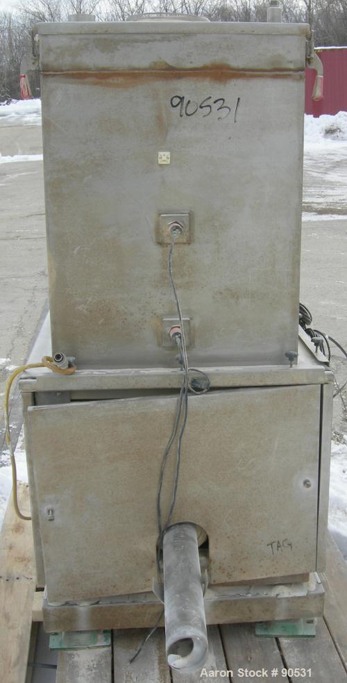 USED: Accurate Volumetric Dry Material Feeder. Approximate 3" diameter x 45" long stainless steel screw. Approximate feed rate to 300 cubic feet an hour. Vinyl hopper, capacity 2.65 cubic feet. Drive...
