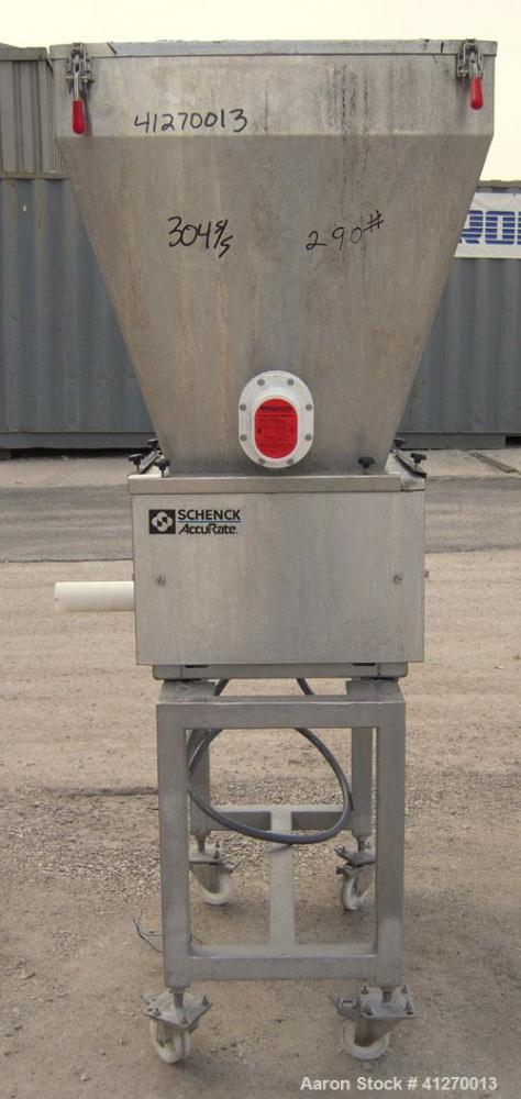 Used AccuRate Dry Material Feeder, Type MOD610M, 304 Stainless Steel. Approximately 1.75" diameter x 28" long helix, feed rate approximately 36 cubic feet per hour. Vinyl feed hopper, capacity .9 cub...