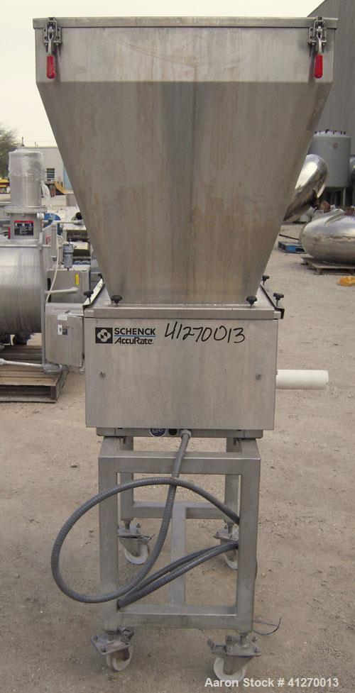 Used AccuRate Dry Material Feeder, Type MOD610M, 304 Stainless Steel. Approximately 1.75" diameter x 28" long helix, feed rate approximately 36 cubic feet per hour. Vinyl feed hopper, capacity .9 cub...