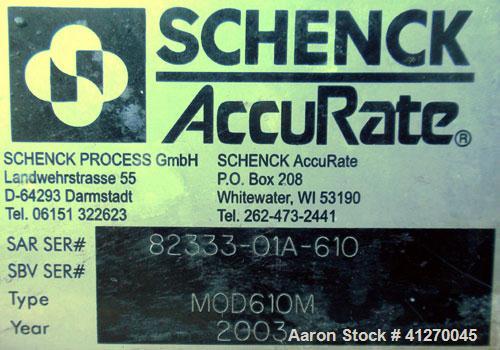 Used Schenck AccuRate Dry Material Feeder, model MOD610M, stainless steel. Approximately 1-3/8" diameter x 28" long 316 stainless steel helix, feed rate approximately 36 cubic feet an hour. Driven by...