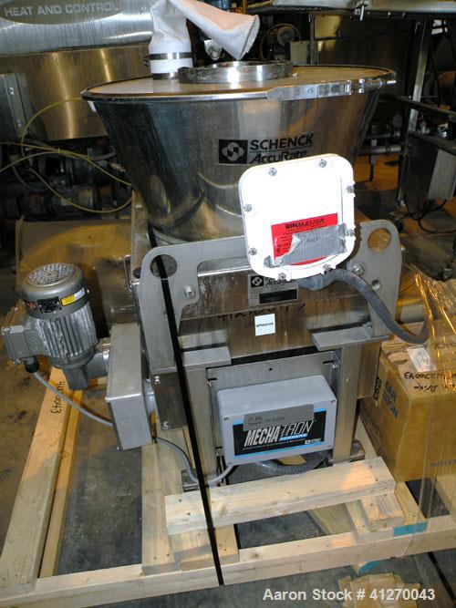 Used Schenck AccuRate Mechatron Gravimetric Feeder, Model MC-1V-1A, Stainless Steel. Approximately 2-7/8" diameter x 48" long stainless steel helix, feed rate up to 330 cubic feet an hour depending o...