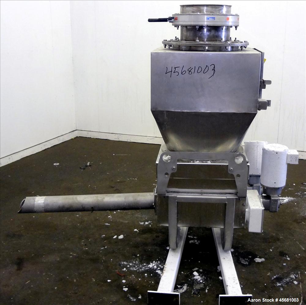 Used AccuRate Feeder, 304 Stainless Steel, 3.5" diameter 316 stainless steel screw, driven by a 1 hp, 230-460 volt, 1725 rpm motor. Serial #55498 01A-MECVM. With Magnetic Products Magnet, Model 13813...