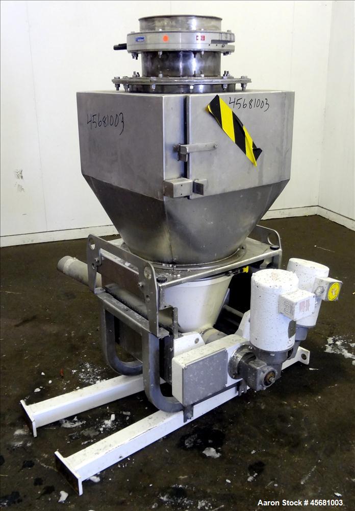 Used AccuRate Feeder, 304 Stainless Steel, 3.5" diameter 316 stainless steel screw, driven by a 1 hp, 230-460 volt, 1725 rpm motor. Serial #55498 01A-MECVM. With Magnetic Products Magnet, Model 13813...